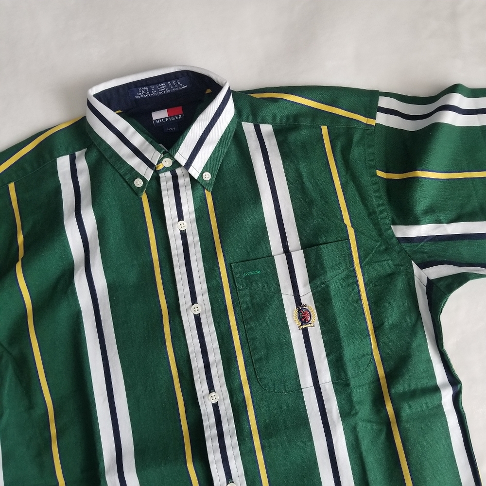 ❤️ Tommy Hilfiger striped embroidered button short sleeve vtg boys Large